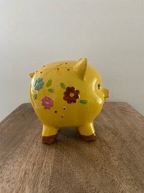 Vintage Ceramic Piggy Bank Yellow Floral Hand Painted Pig Coin Bank Nursery Deco